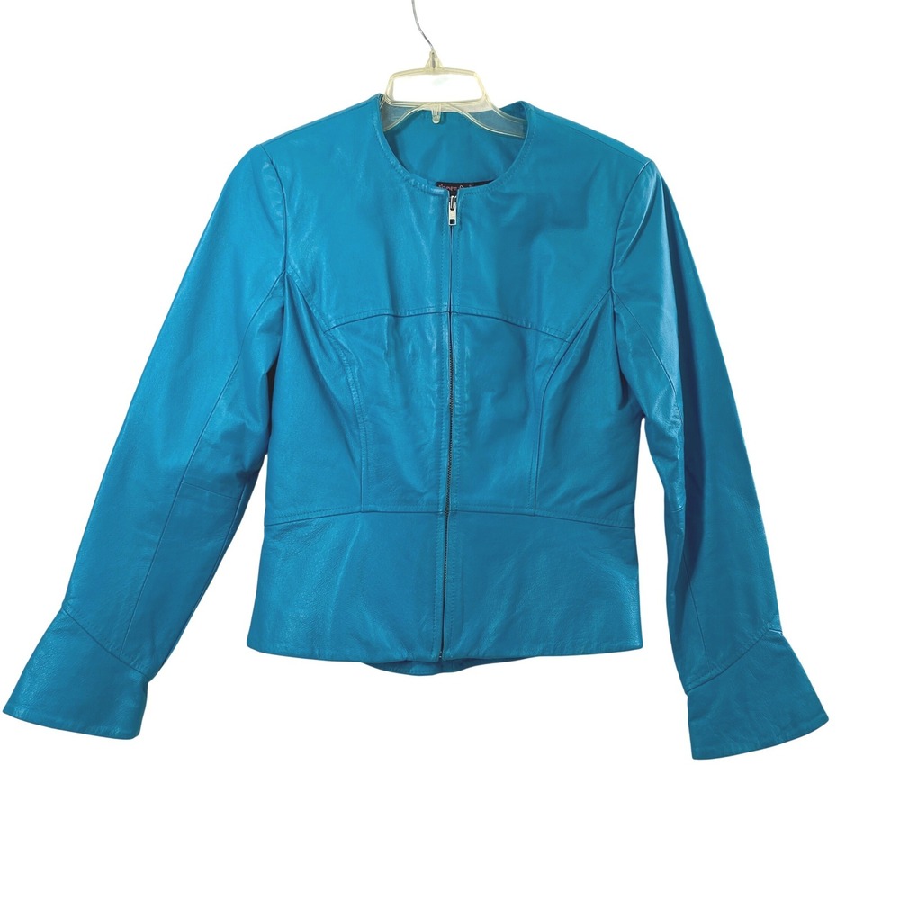 Shape FX Turquoise Blue Genuine Leather Jacket Womens Sz 8 Full Zip Flared Cuffs